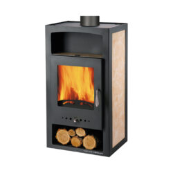 HAAS+SOHN - Kaminofen mit Wärmetauscher HAAS+SOHN ADRIA II mit Wärmetauscher, schwarz, beige Fliesen, Cr-Armaturen - LÍBI ELEKTRO