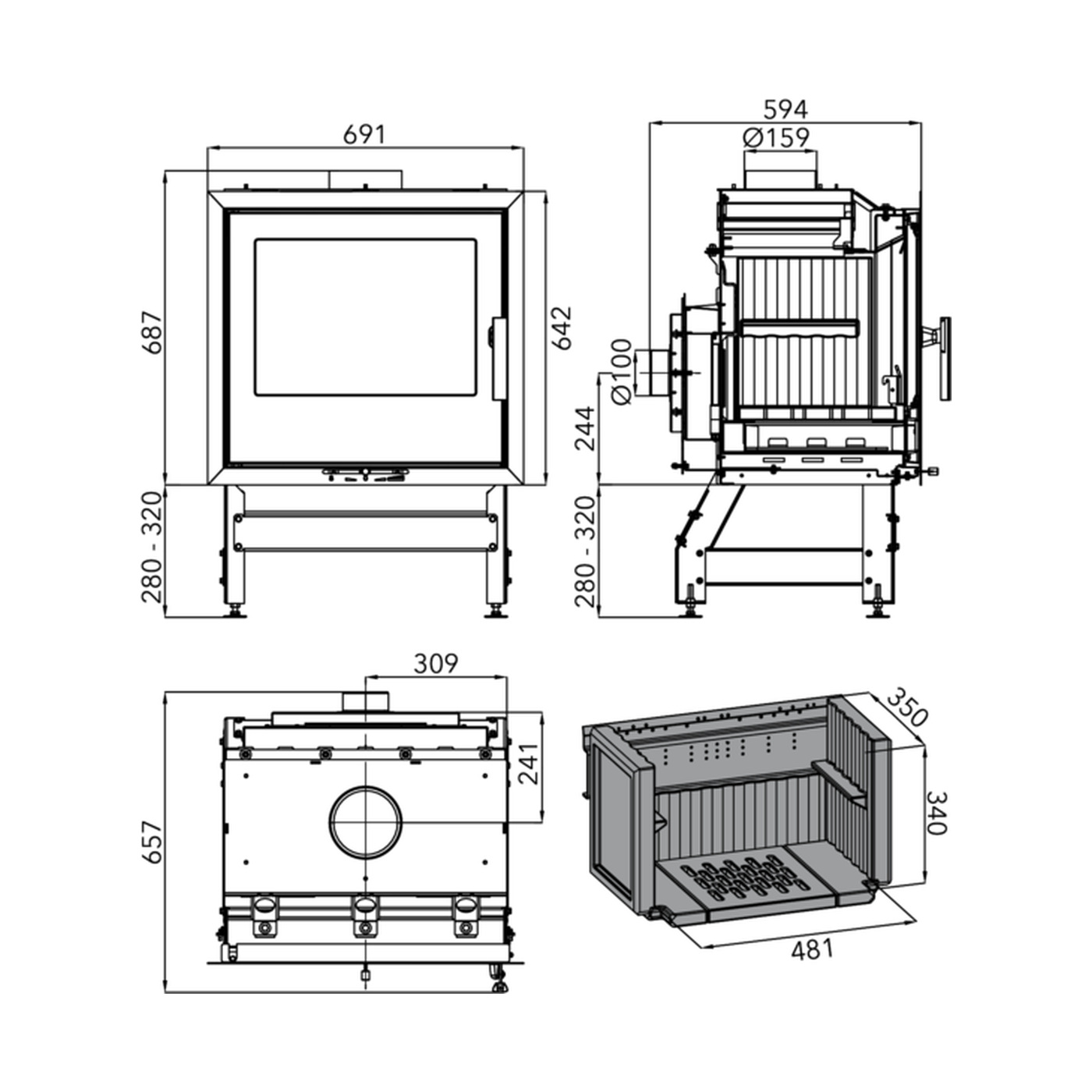 HAAS+SOHN - Kamineinsätze mit Wärmetauscher HAAS+SOHN VESUVIO II 1S, Tür schwarz/Gusseisen, ohne Wärmetauscher - LÍBI ELEKTRO