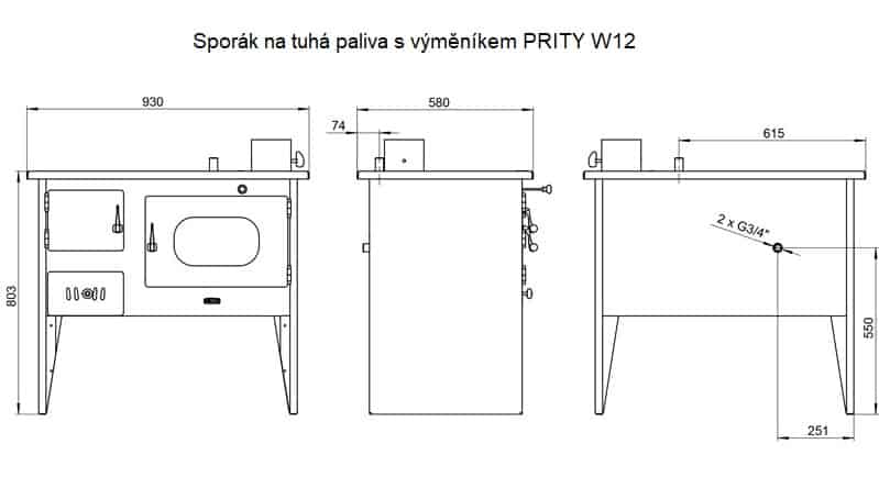Prity - Festbrennstoffofen mit Warmwasser-Wärmetauscher PRITY W12 1P41, rechts - LÍBI ELEKTRO