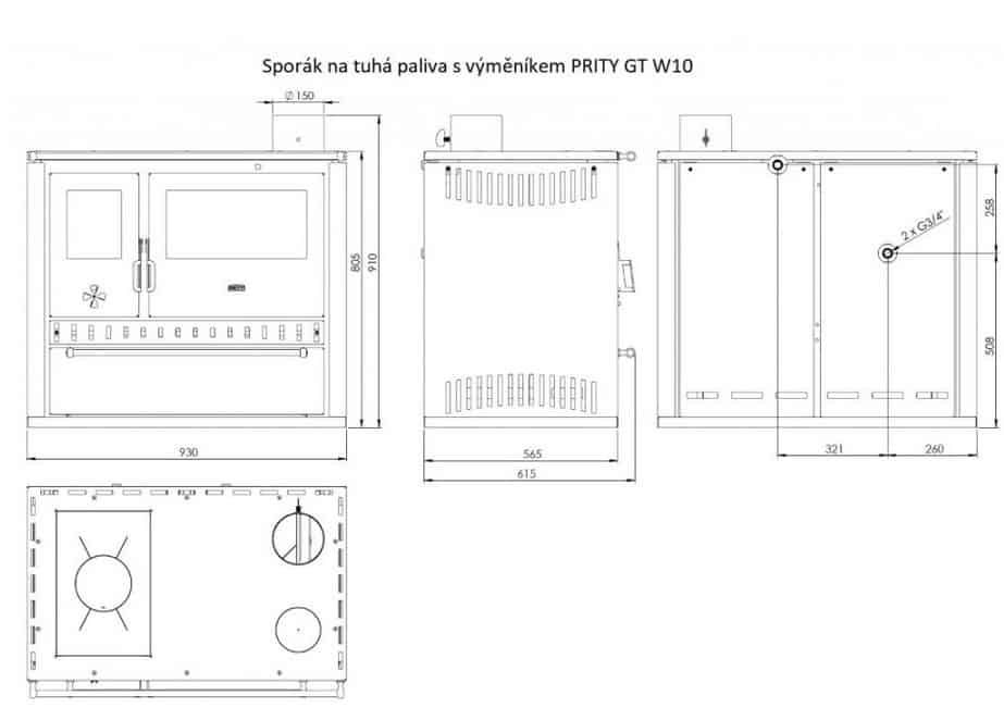 Prity - Festbrennstoffofen mit Warmwasserbereiter PRITY GT W10 FI S DR, Edelstahlbackofen, schwarz, rechts - LÍBI ELEKTRO